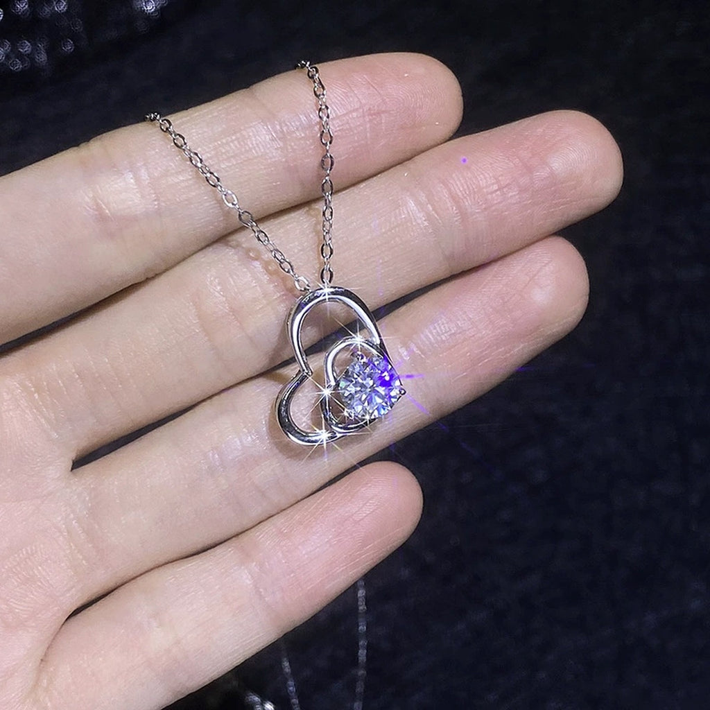 Double Heart Moissanite Pendant Necklace with Cubic Zirconia in White Gold-Plated S925 Sterling Silver close-up product detail view