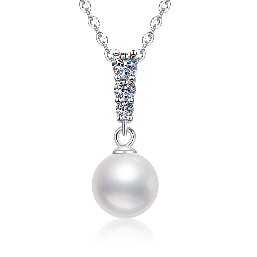 Pearl Bar Moissanite Pendant Necklace in Platinum-Plated S925 Sterling Silver on clean white background showing the pearl drop pendant with a slim moissanite bar accent