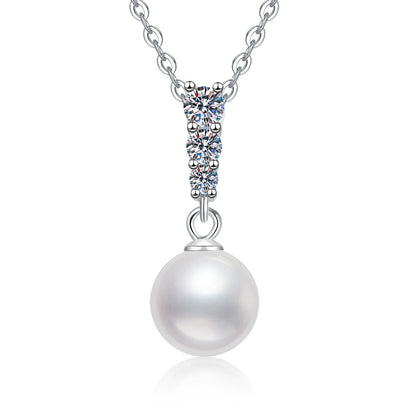 Pearl Bar Moissanite Pendant Necklace in Platinum-Plated S925 Sterling Silver on clean white background showing the pearl drop pendant with a slim moissanite bar accent