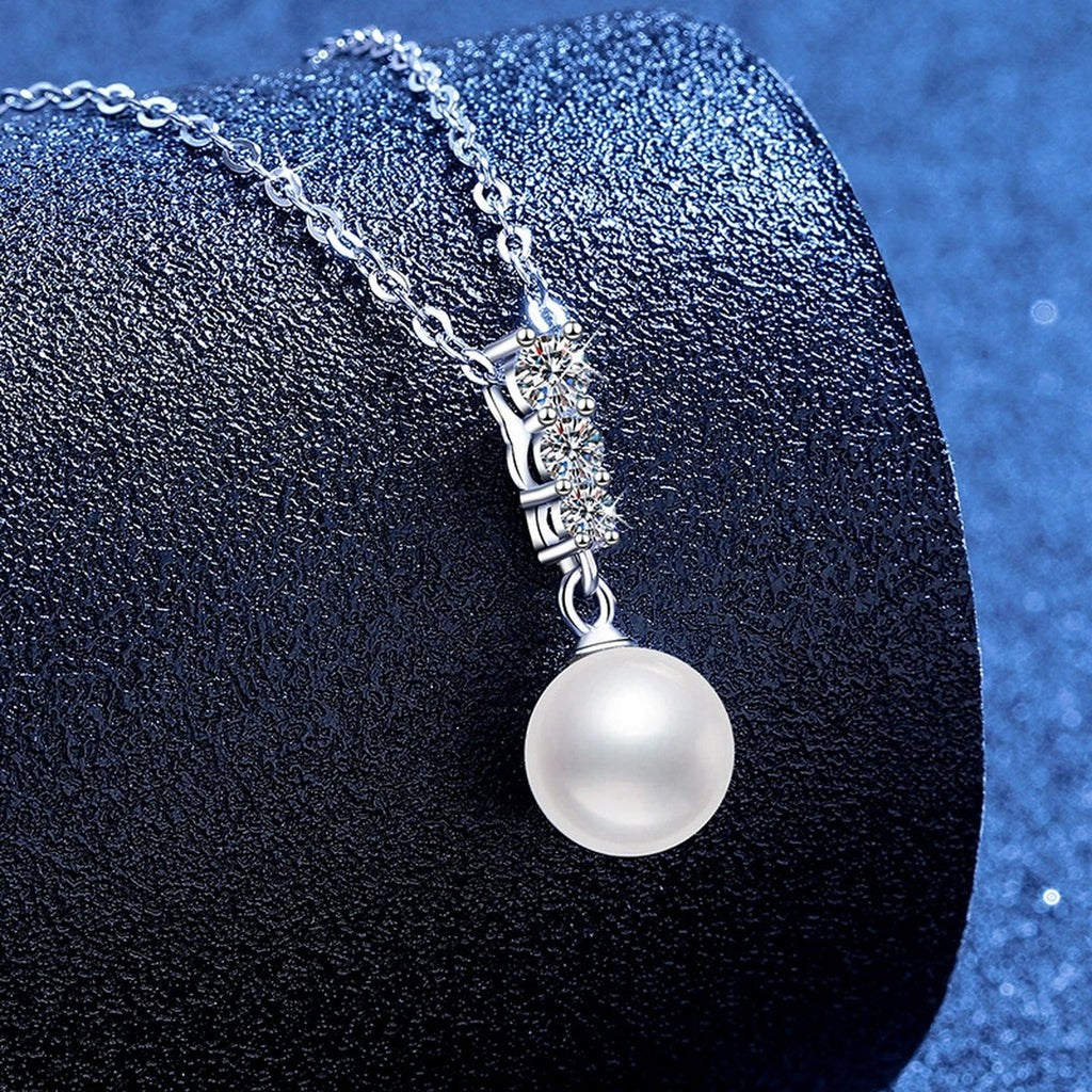 Pearl Bar Moissanite Pendant Necklace in Platinum-Plated S925 Sterling Silver blue background product view