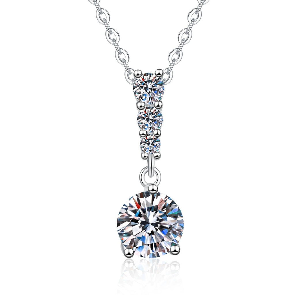 Graduated Drop Moissanite Pendant Necklace with Cubic Zirconia in Platinum-Plated S925 Sterling Silver on clean white background showing the graduated drop pendant with a round moissanite focal stone
