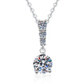 Graduated Drop Moissanite Pendant Necklace with Cubic Zirconia in Platinum-Plated S925 Sterling Silver on clean white background showing the graduated drop pendant with a round moissanite focal stone
