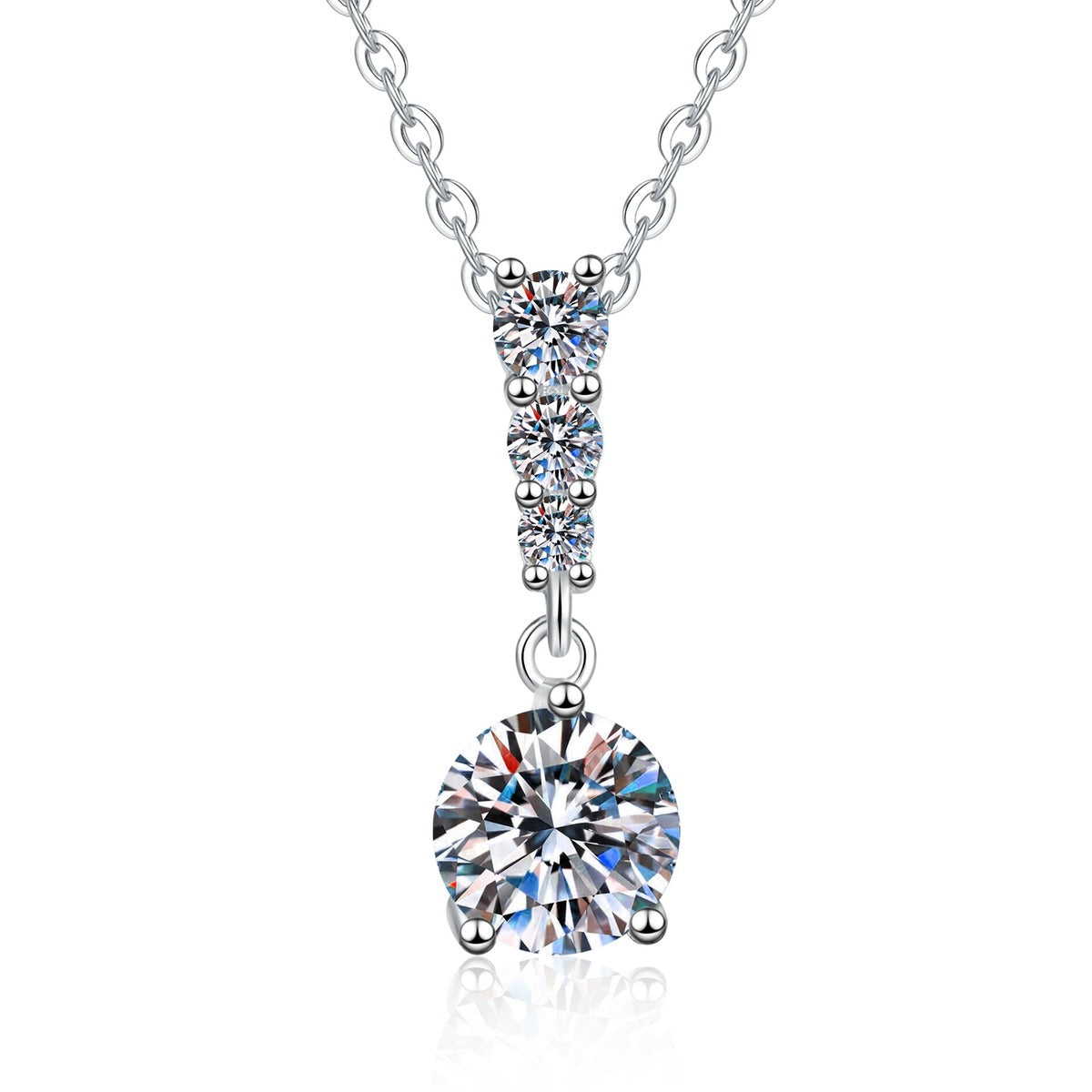 Graduated Drop Moissanite Pendant Necklace with Cubic Zirconia in Platinum-Plated S925 Sterling Silver on clean white background showing the graduated drop pendant with a round moissanite focal stone