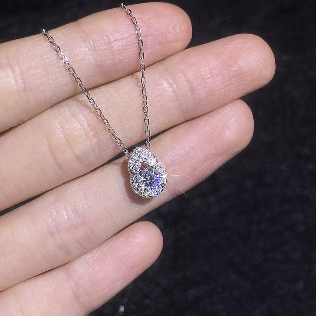 Pear Teardrop Moissanite Pendant Necklace with Cubic Zirconia in Platinum-Plated S925 Sterling Silver close-up product detail view