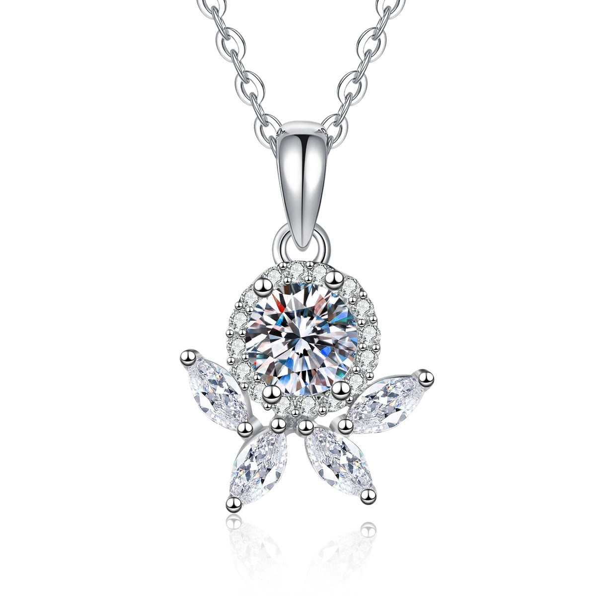 Star Flower Moissanite Pendant Necklace with Cubic Zirconia in Platinum-Plated S925 Sterling Silver on clean white background showing the star flower pendant with a round moissanite center