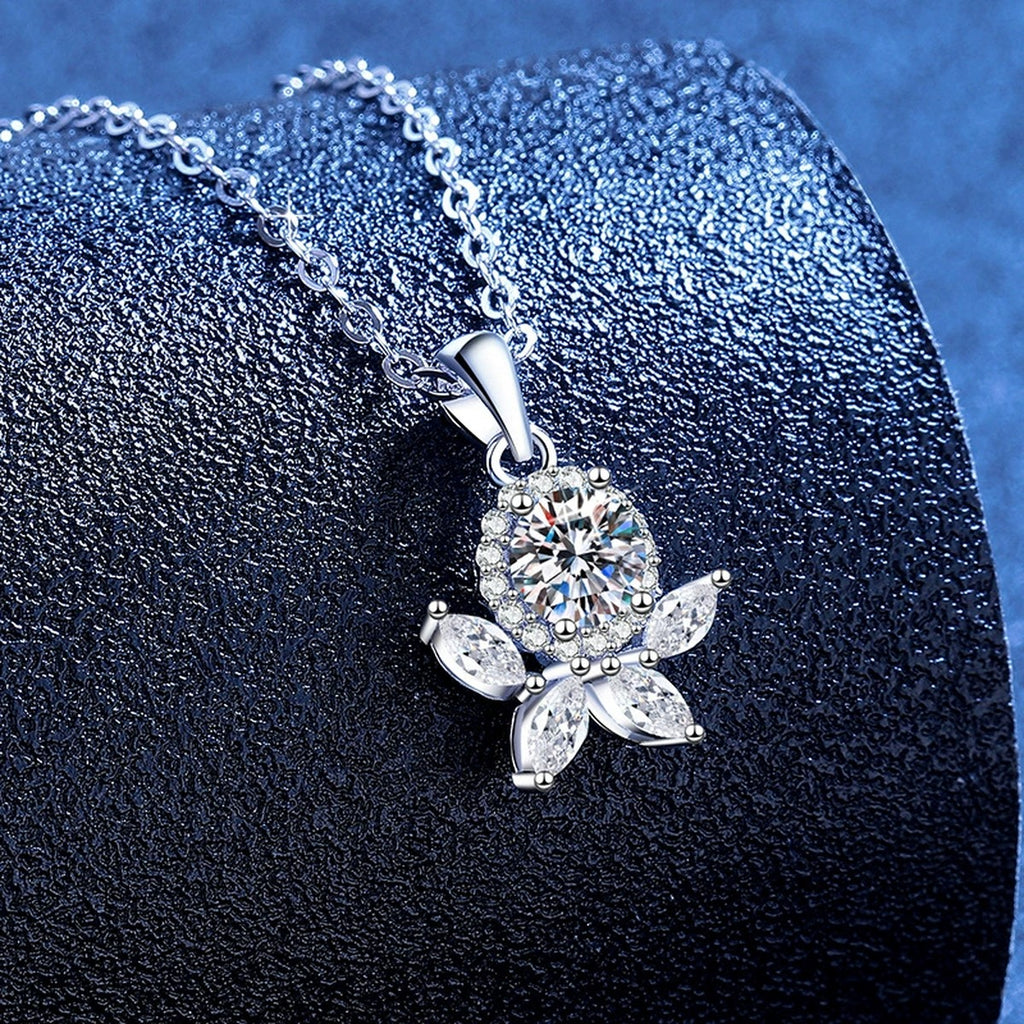 Star Flower Moissanite Pendant Necklace with Cubic Zirconia in Platinum-Plated S925 Sterling Silver blue background product view