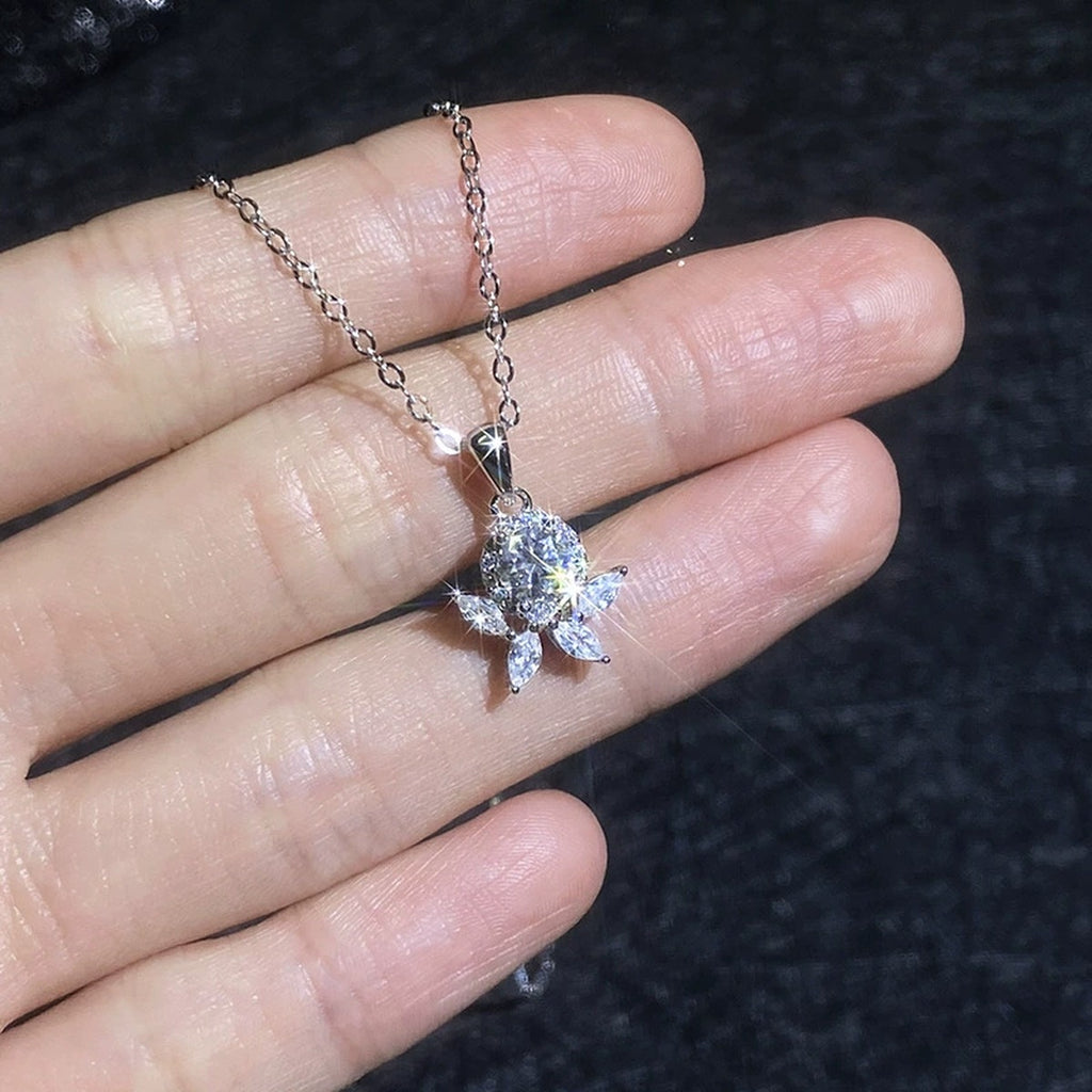 Star Flower Moissanite Pendant Necklace with Cubic Zirconia in Platinum-Plated S925 Sterling Silver close-up product detail view