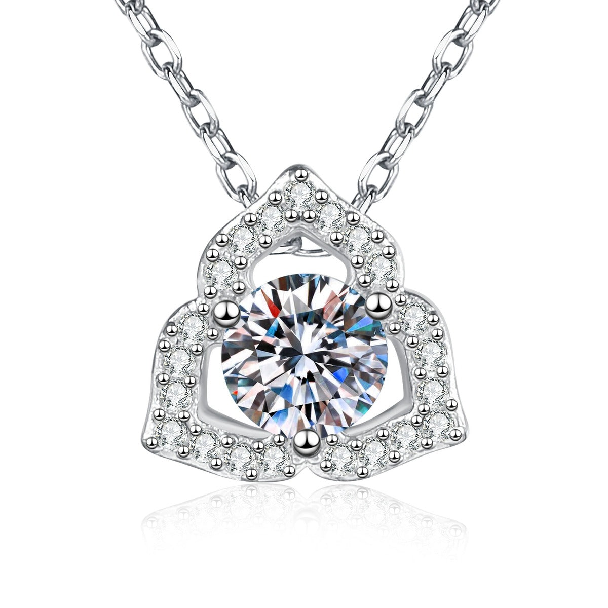 Square Halo Moissanite Pendant Necklace with Cubic Zirconia in Platinum-Plated S925 Sterling Silver on clean white background showing the square halo pendant with a round moissanite center