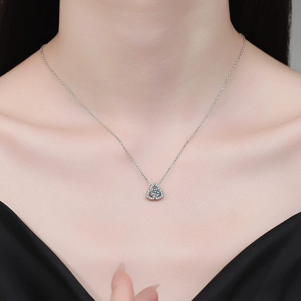 Square Halo Moissanite Pendant Necklace with Cubic Zirconia in Platinum-Plated S925 Sterling Silver worn on neckline by model