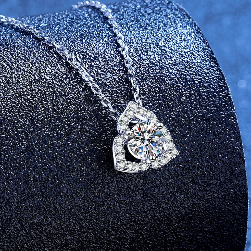Square Halo Moissanite Pendant Necklace with Cubic Zirconia in Platinum-Plated S925 Sterling Silver blue background product view