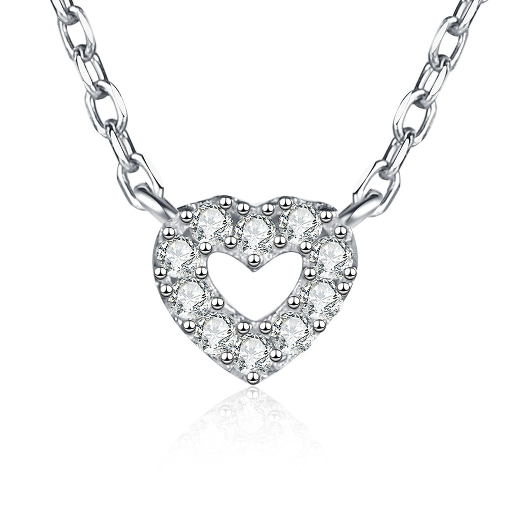 Heart Moissanite Pendant Necklace in S925 Sterling Silver on clean white background showing the small heart outline pendant with a petite moissanite center