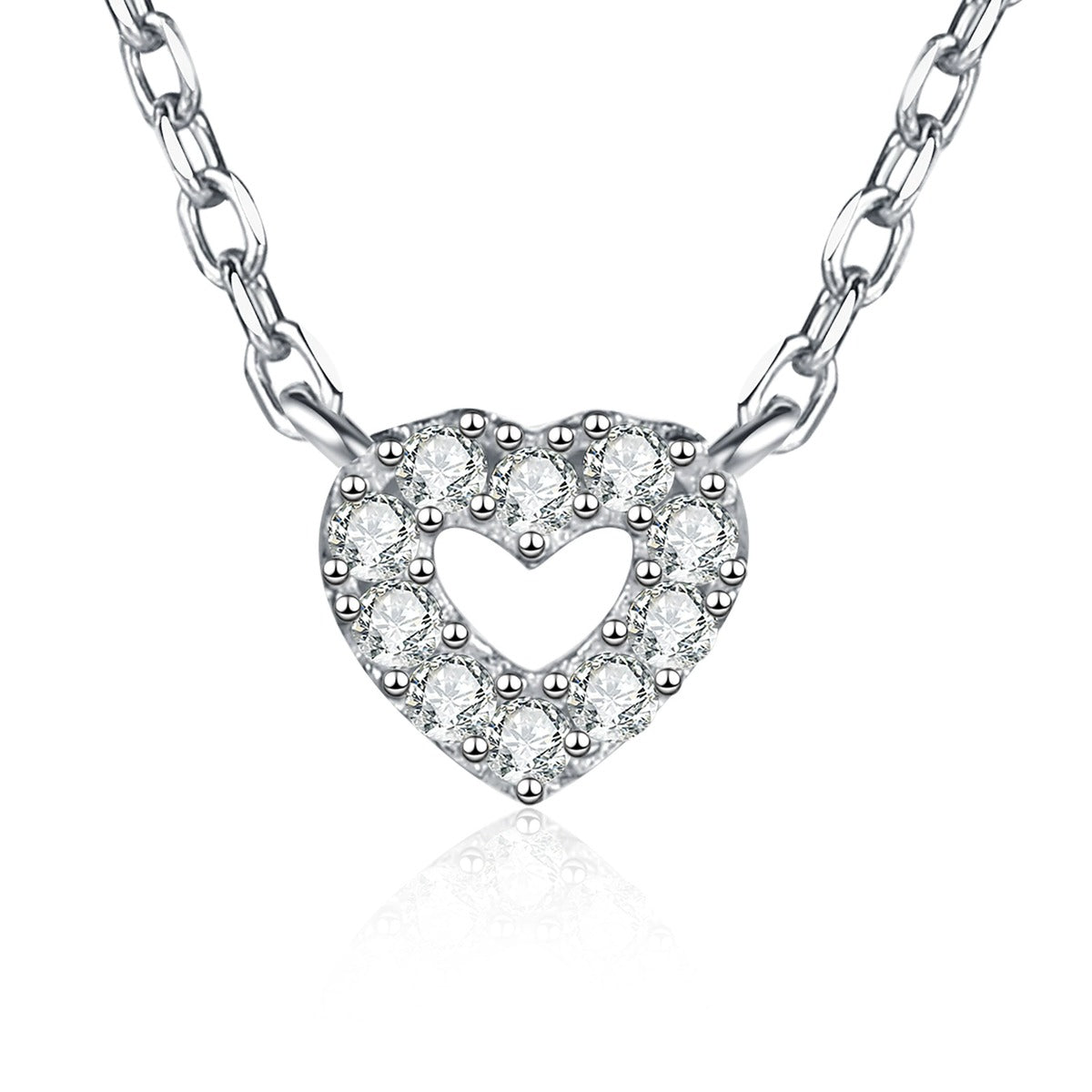 Heart Moissanite Pendant Necklace in S925 Sterling Silver on clean white background showing the small heart outline pendant with a petite moissanite center