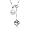 Pearl Lariat Moissanite Pendant Necklace in Platinum-Plated S925 Sterling Silver on clean white background showing the lariat drop necklace with pearl detail and a round moissanite accent