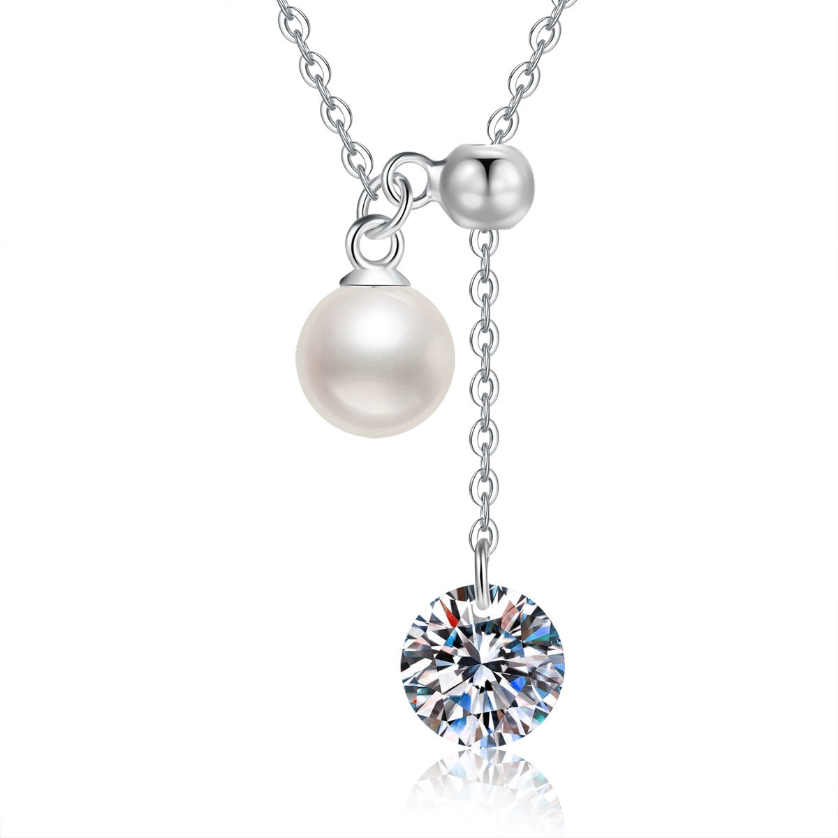 Pearl Lariat Moissanite Pendant Necklace in Platinum-Plated S925 Sterling Silver on clean white background showing the lariat drop necklace with pearl detail and a round moissanite accent