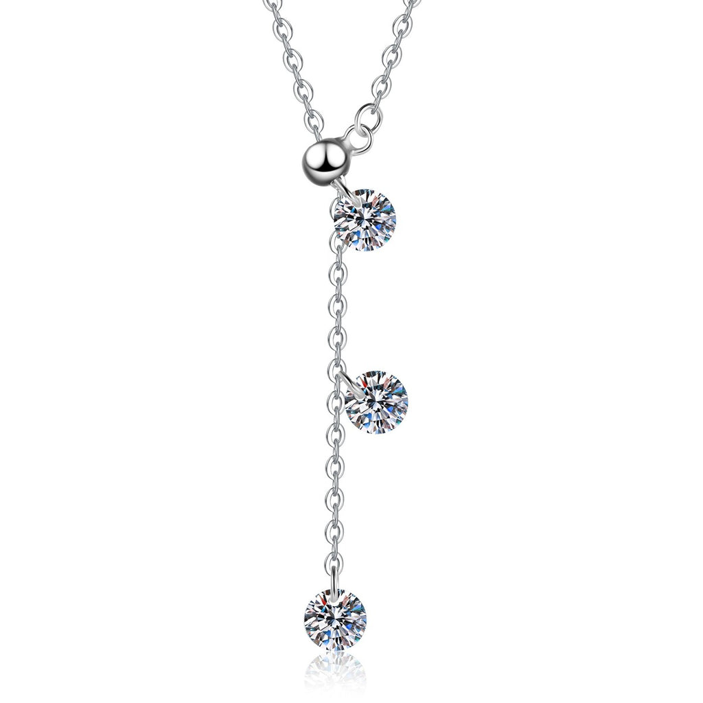 Triple Moissanite Drop Necklace in Platinum-Plated S925 Sterling Silver on clean white background showing the vertical station drop necklace with three round moissanite stones