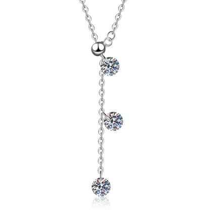 Triple Moissanite Drop Necklace in Platinum-Plated S925 Sterling Silver on clean white background showing the vertical station drop necklace with three round moissanite stones