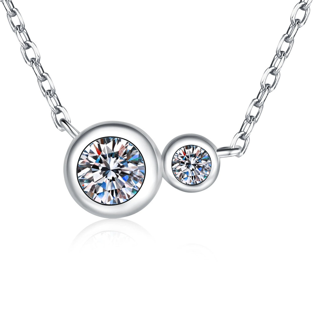 Two-Stone Moissanite Bypass Necklace in Platinum-Plated S925 Sterling Silver on clean white background showing the two-stone bypass pendant with a polished curved setting