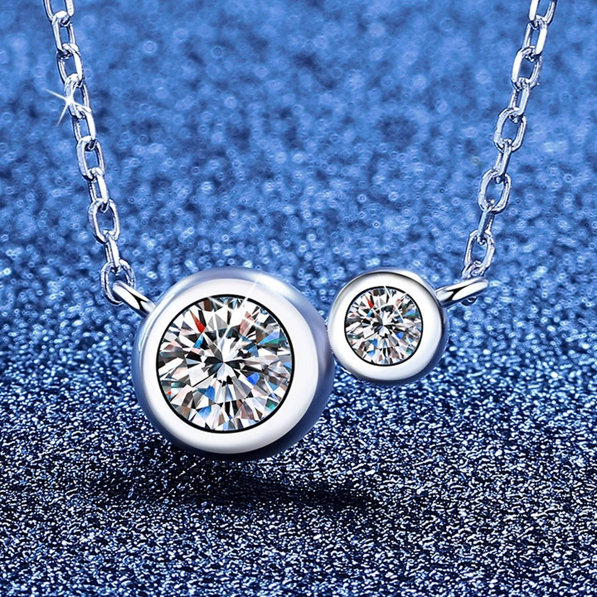 Two-Stone Moissanite Bypass Necklace in Platinum-Plated S925 Sterling Silver blue background product view