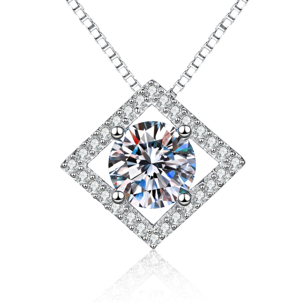 Diamond Halo Moissanite Pendant Necklace with Cubic Zirconia in Platinum-Plated S925 Sterling Silver on clean white background showing the diamond-shaped halo pendant with a round moissanite center