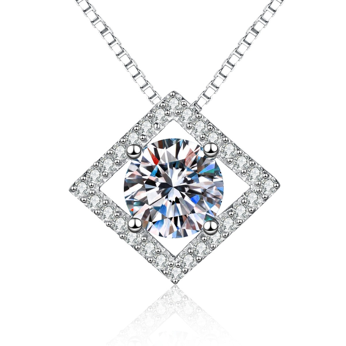 Diamond Halo Moissanite Pendant Necklace with Cubic Zirconia in Platinum-Plated S925 Sterling Silver on clean white background showing the diamond-shaped halo pendant with a round moissanite center