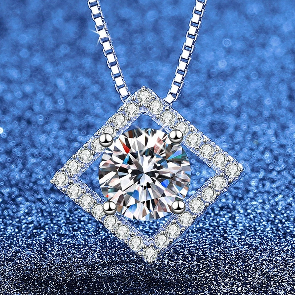 Diamond Halo Moissanite Pendant Necklace with Cubic Zirconia in Platinum-Plated S925 Sterling Silver blue background product view