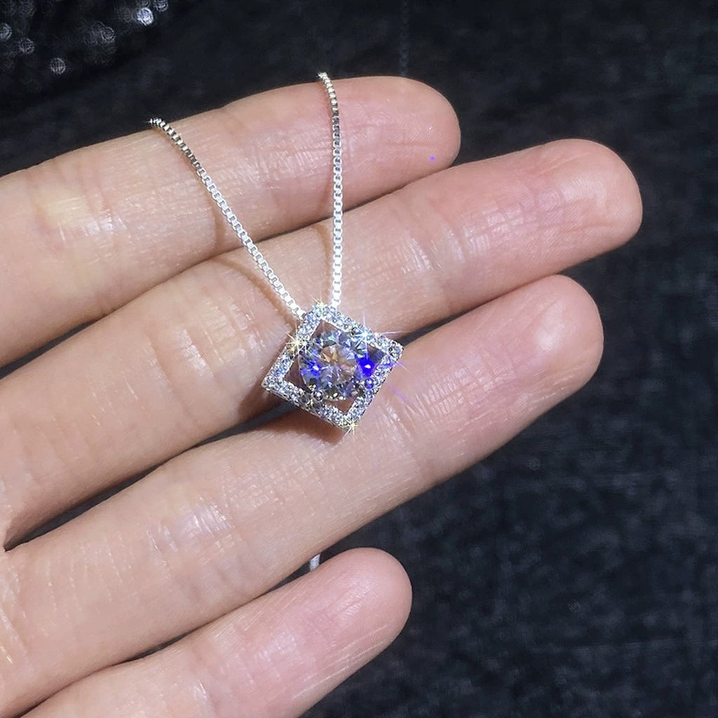 Diamond Halo Moissanite Pendant Necklace with Cubic Zirconia in Platinum-Plated S925 Sterling Silver close-up product detail view
