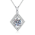 Rhombus Halo Moissanite Pendant Necklace with Cubic Zirconia in Platinum-Plated S925 Sterling Silver on clean white background showing the rhombus halo pendant with a round moissanite center