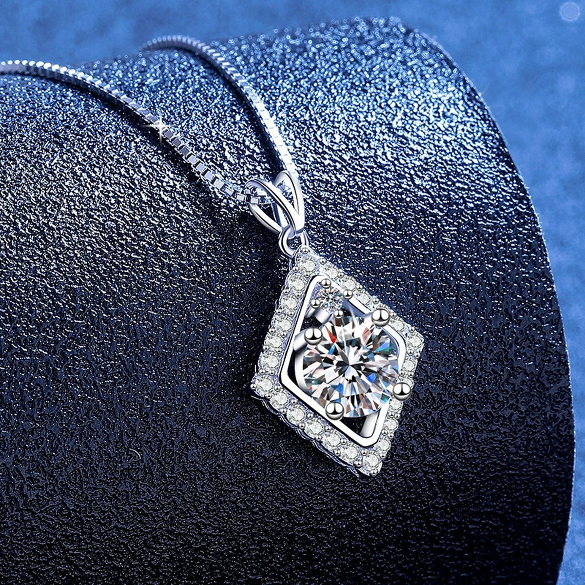 Rhombus Halo Moissanite Pendant Necklace with Cubic Zirconia in Platinum-Plated S925 Sterling Silver blue background product view