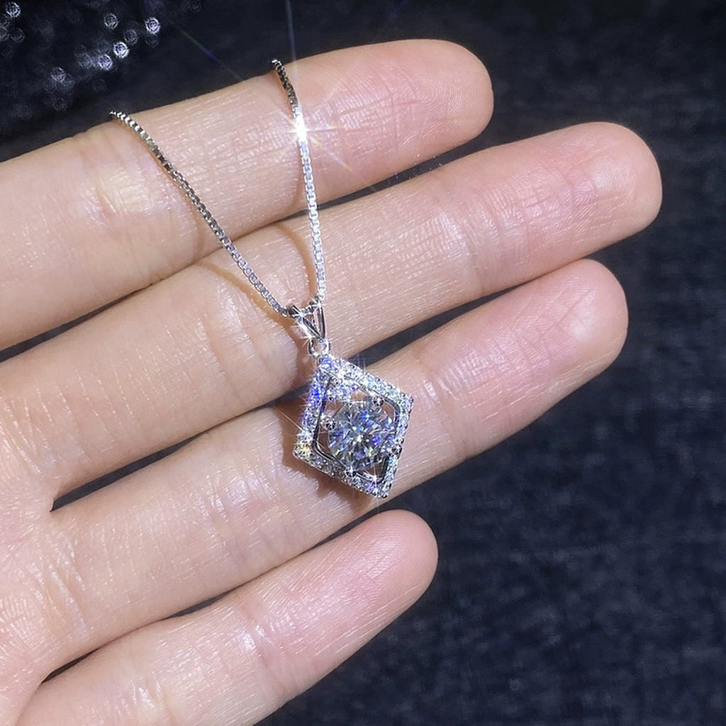 Rhombus Halo Moissanite Pendant Necklace with Cubic Zirconia in Platinum-Plated S925 Sterling Silver close-up product detail view