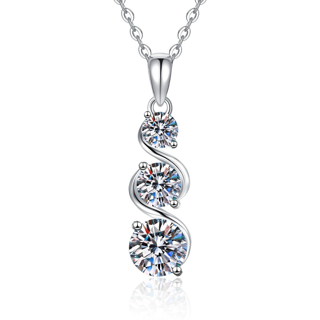 Three-Stone Graduated Moissanite Pendant Necklace in Platinum-Plated S925 Sterling Silver on clean white background showing the three-stone graduated vertical pendant with round moissanite stones