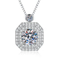 Rounded Square Moissanite Pendant Necklace with Cubic Zirconia in Platinum-Plated S925 Sterling Silver on clean white background showing the rounded square pavé halo pendant with a round moissanite center