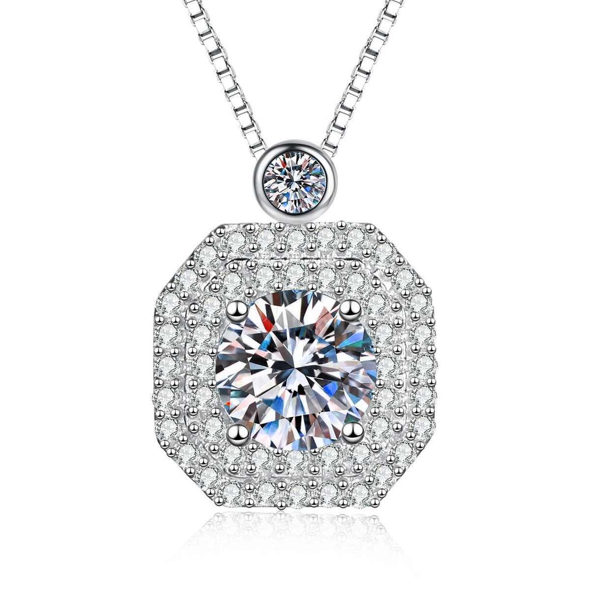 Rounded Square Moissanite Pendant Necklace with Cubic Zirconia in Platinum-Plated S925 Sterling Silver on clean white background showing the rounded square pavé halo pendant with a round moissanite center