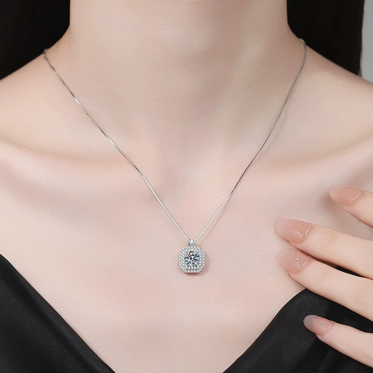 Rounded Square Moissanite Pendant Necklace with Cubic Zirconia in Platinum-Plated S925 Sterling Silver worn on neckline by model