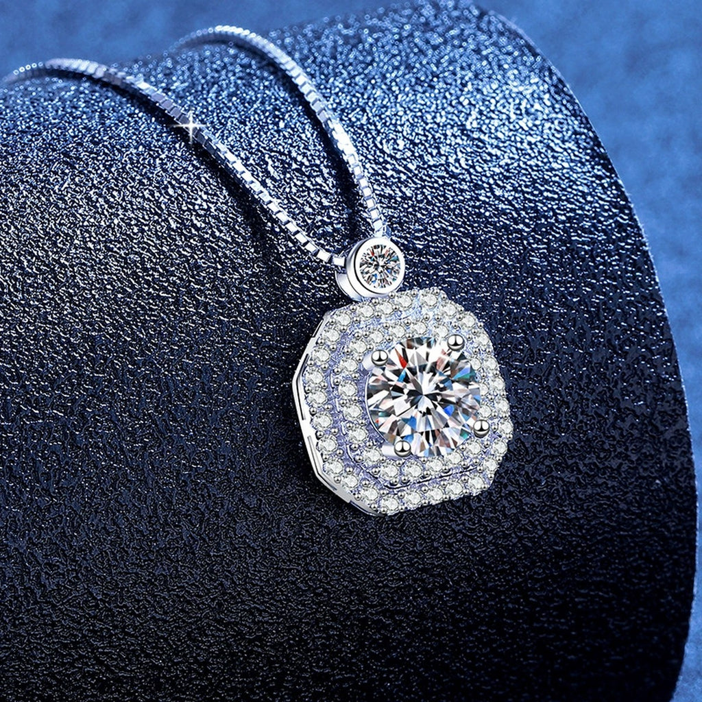 Rounded Square Moissanite Pendant Necklace with Cubic Zirconia in Platinum-Plated S925 Sterling Silver blue background product view