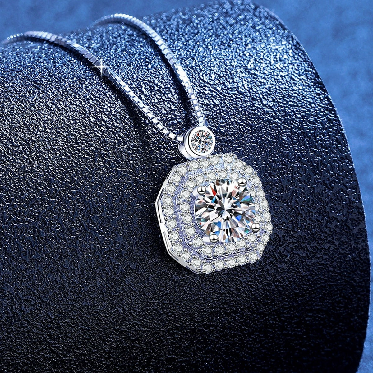 Rounded Square Moissanite Pendant Necklace with Cubic Zirconia in Platinum-Plated S925 Sterling Silver blue background product view