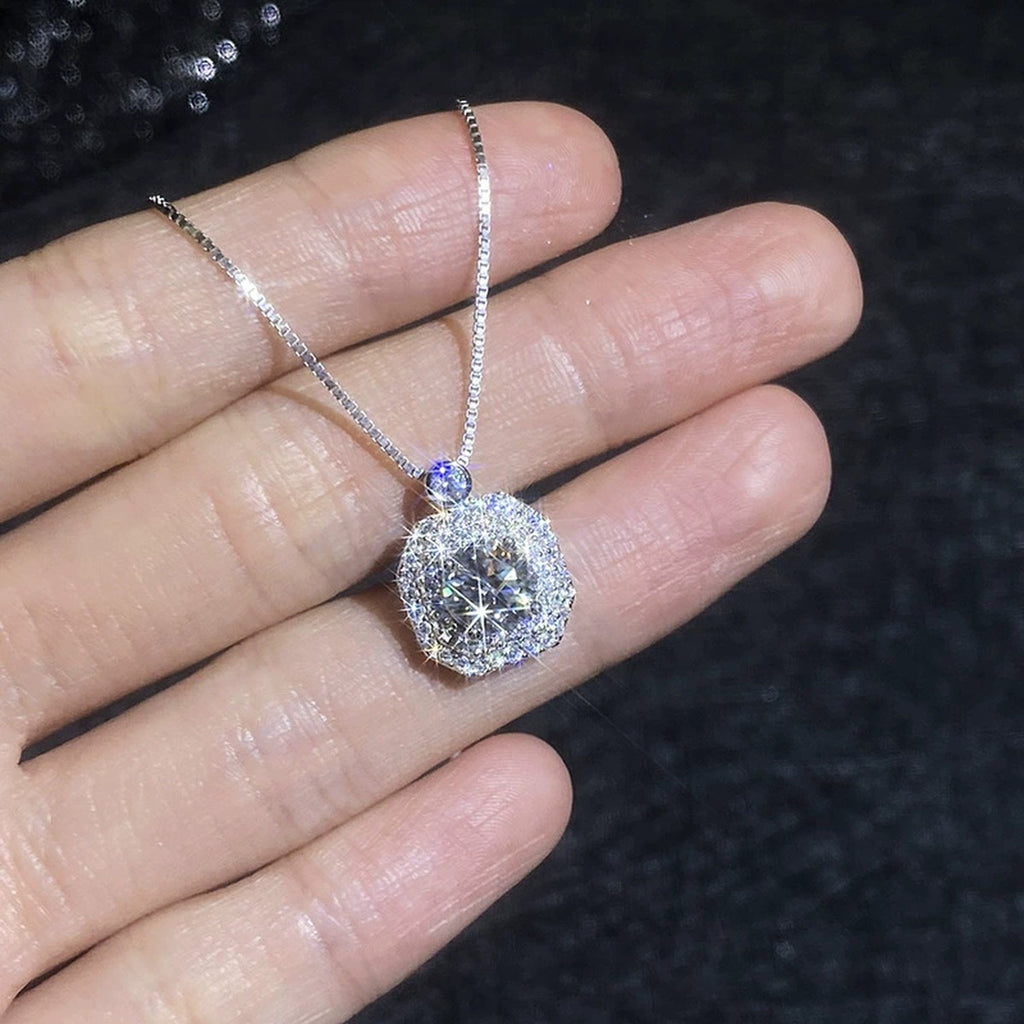 Rounded Square Moissanite Pendant Necklace with Cubic Zirconia in Platinum-Plated S925 Sterling Silver close-up product detail view