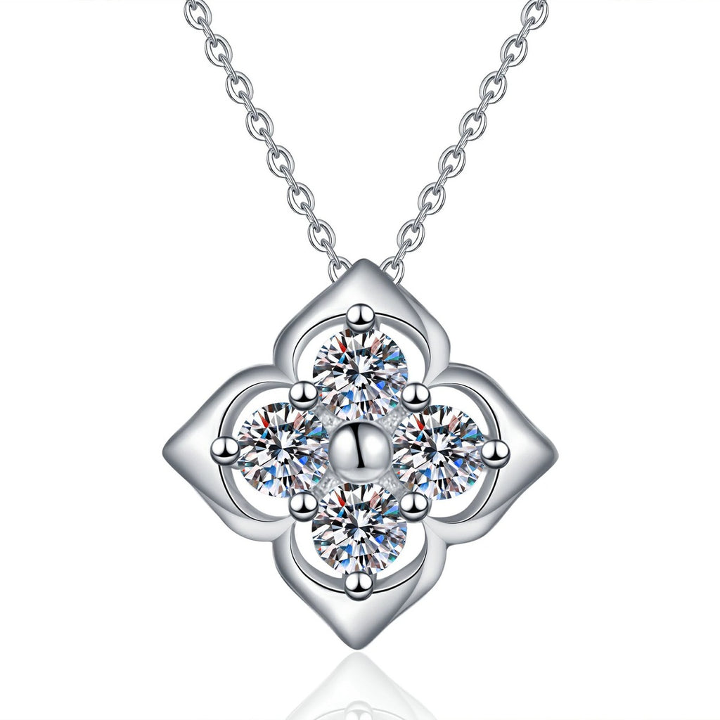 Clover Moissanite Pendant Necklace in S925 Sterling Silver on clean white background showing the open clover flower pendant with small moissanite stones