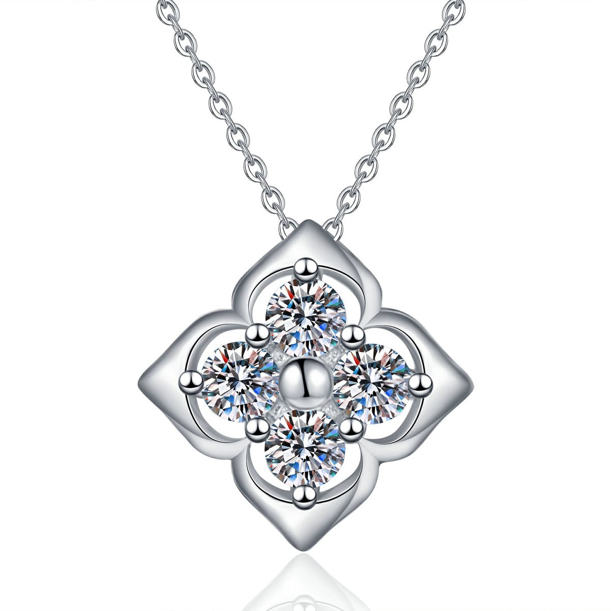 Clover Moissanite Pendant Necklace in S925 Sterling Silver on clean white background showing the open clover flower pendant with small moissanite stones