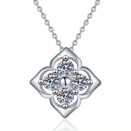 Clover Moissanite Pendant Necklace in S925 Sterling Silver on clean white background showing the open clover flower pendant with small moissanite stones