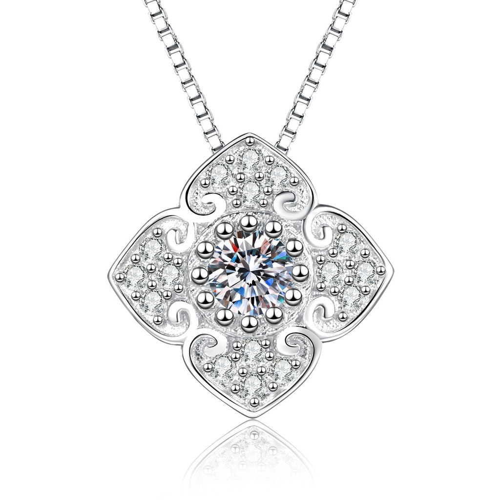 Quatrefoil Clover Moissanite Pendant Necklace with Cubic Zirconia in Platinum-Plated S925 Sterling Silver on clean white background showing the quatrefoil clover pavé pendant with a round moissanite center