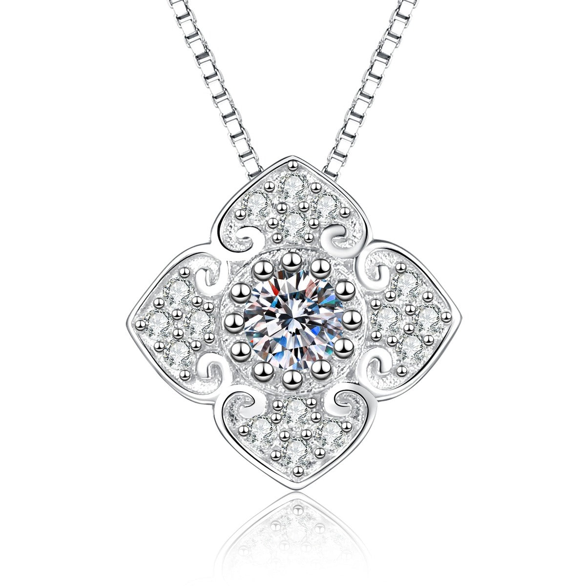 Quatrefoil Clover Moissanite Pendant Necklace with Cubic Zirconia in Platinum-Plated S925 Sterling Silver on clean white background showing the quatrefoil clover pavé pendant with a round moissanite center