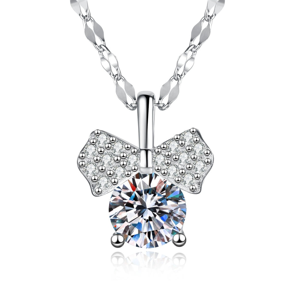 Bow Moissanite Pendant Necklace with Cubic Zirconia in Platinum-Plated S925 Sterling Silver on clean white background showing the bow pendant with a round moissanite center and cubic zirconia accents