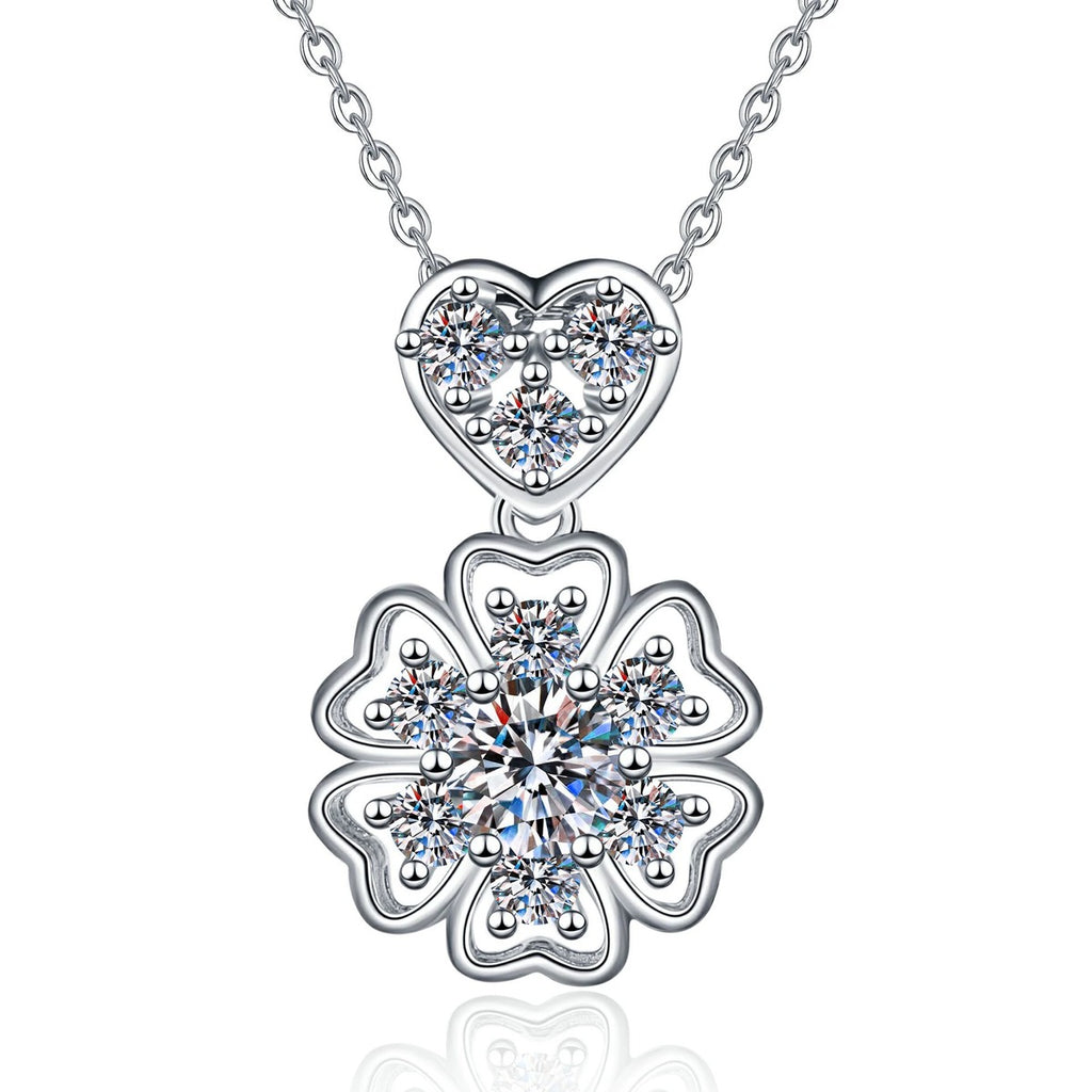 Floral Heart Moissanite Pendant Necklace with Cubic Zirconia in Platinum-Plated S925 Sterling Silver on clean white background showing the floral pendant with a heart top and round moissanite flower drop