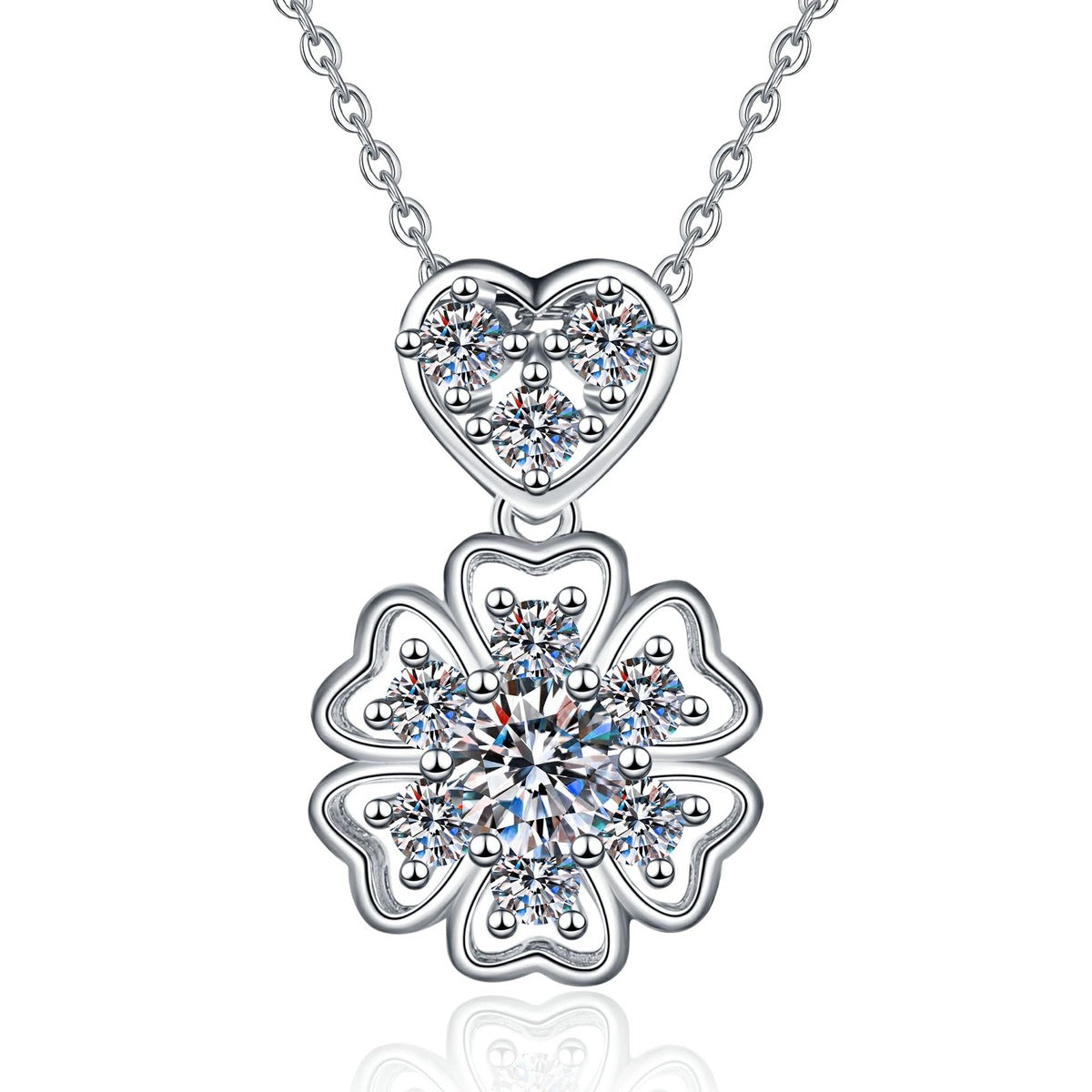 Floral Heart Moissanite Pendant Necklace with Cubic Zirconia in Platinum-Plated S925 Sterling Silver on clean white background showing the floral pendant with a heart top and round moissanite flower drop