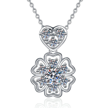 Floral Heart Moissanite Pendant Necklace with Cubic Zirconia in Platinum-Plated S925 Sterling Silver on clean white background showing the floral pendant with a heart top and round moissanite flower drop
