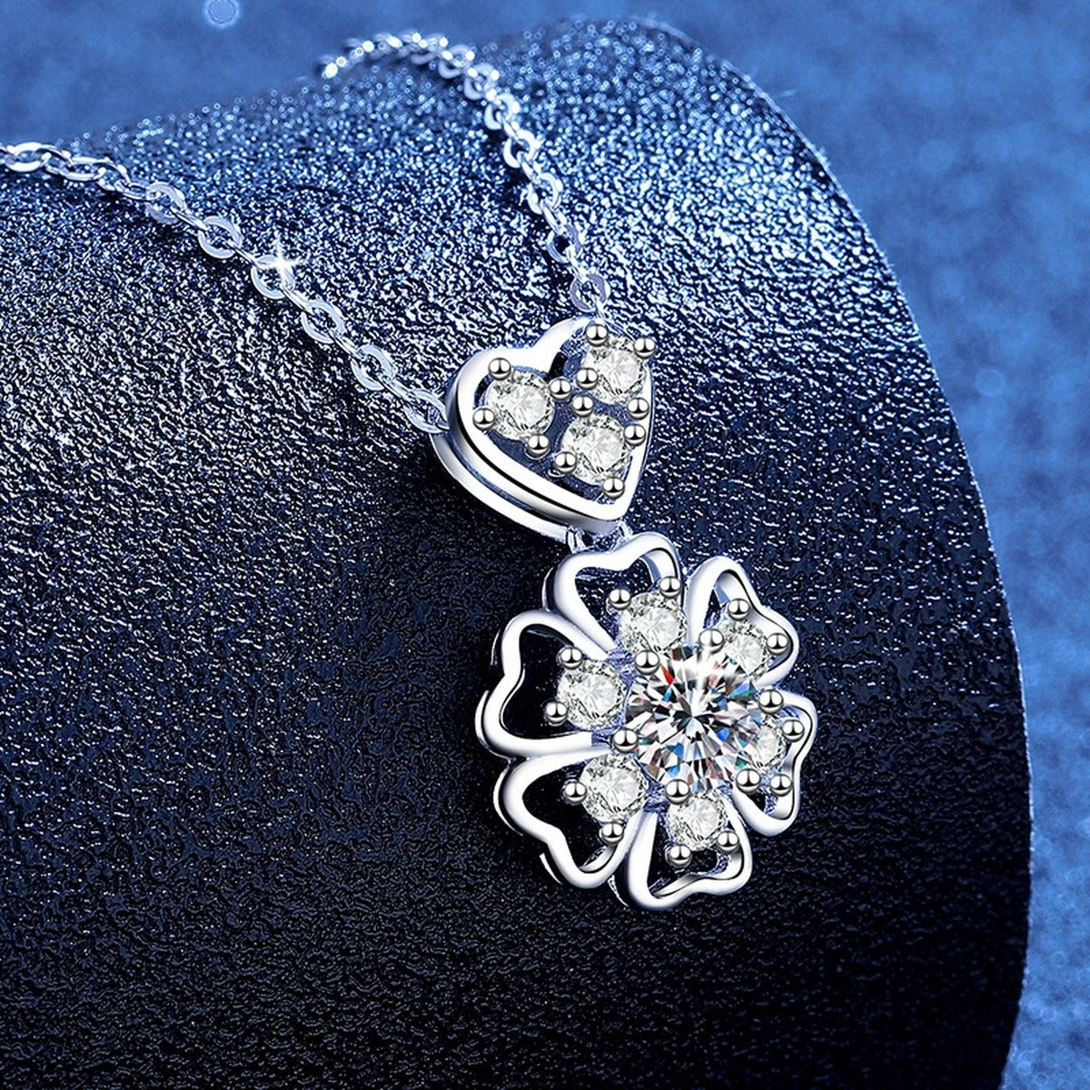 Floral Heart Moissanite Pendant Necklace with Cubic Zirconia in Platinum-Plated S925 Sterling Silver blue background product view