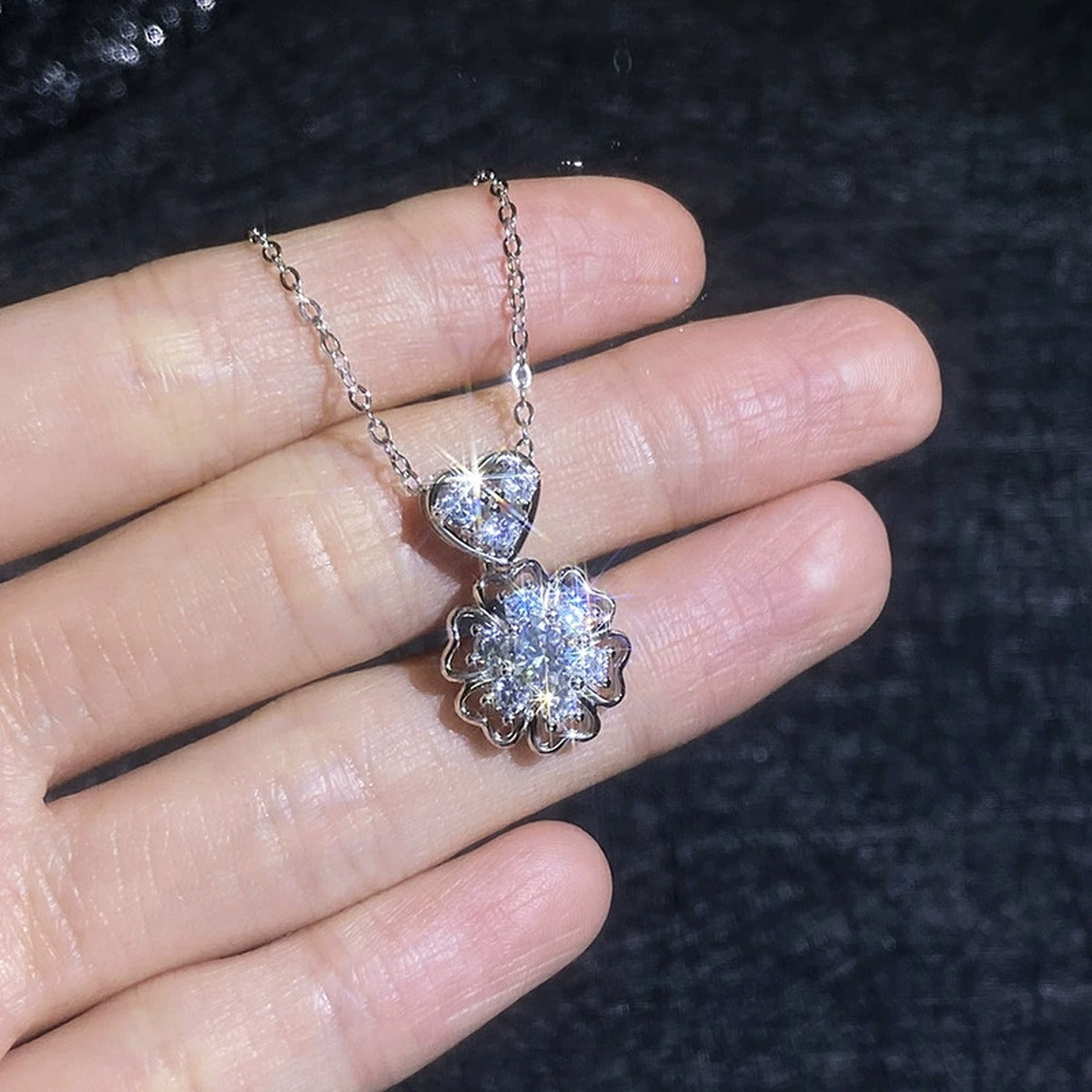 Floral Heart Moissanite Pendant Necklace with Cubic Zirconia in Platinum-Plated S925 Sterling Silver close-up product detail view