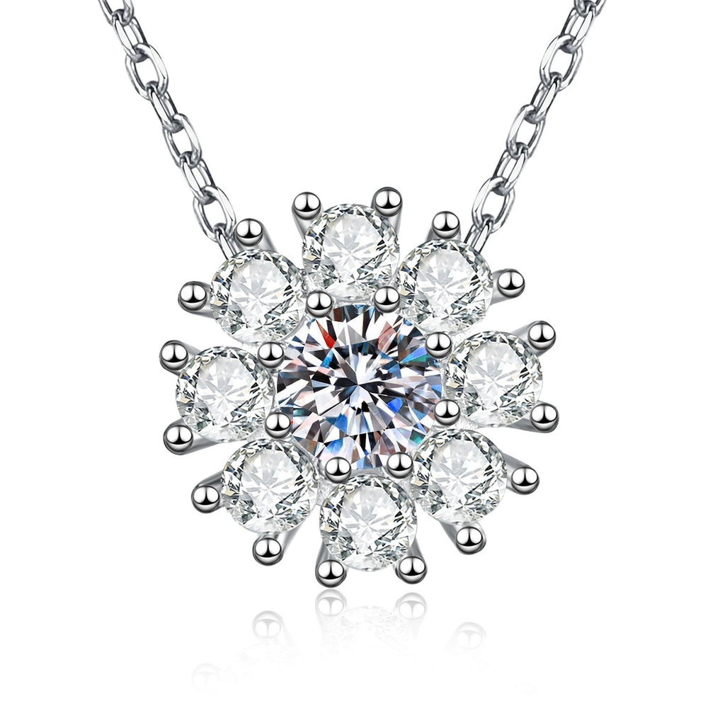 Sunflower Moissanite Pendant Necklace with Cubic Zirconia in Platinum-Plated S925 Sterling Silver on clean white background showing the sunflower pendant with a round moissanite center