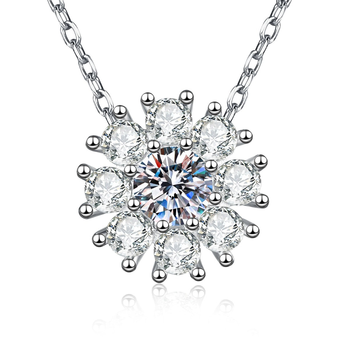 Sunflower Moissanite Pendant Necklace with Cubic Zirconia in Platinum-Plated S925 Sterling Silver on clean white background showing the sunflower pendant with a round moissanite center