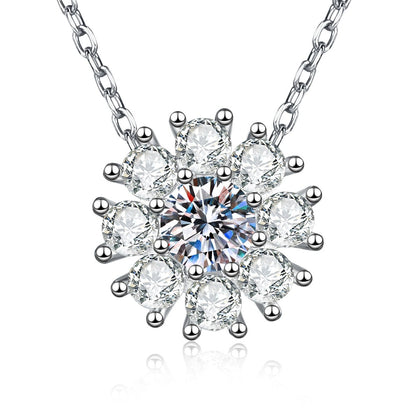 Sunflower Moissanite Pendant Necklace with Cubic Zirconia in Platinum-Plated S925 Sterling Silver on clean white background showing the sunflower pendant with a round moissanite center